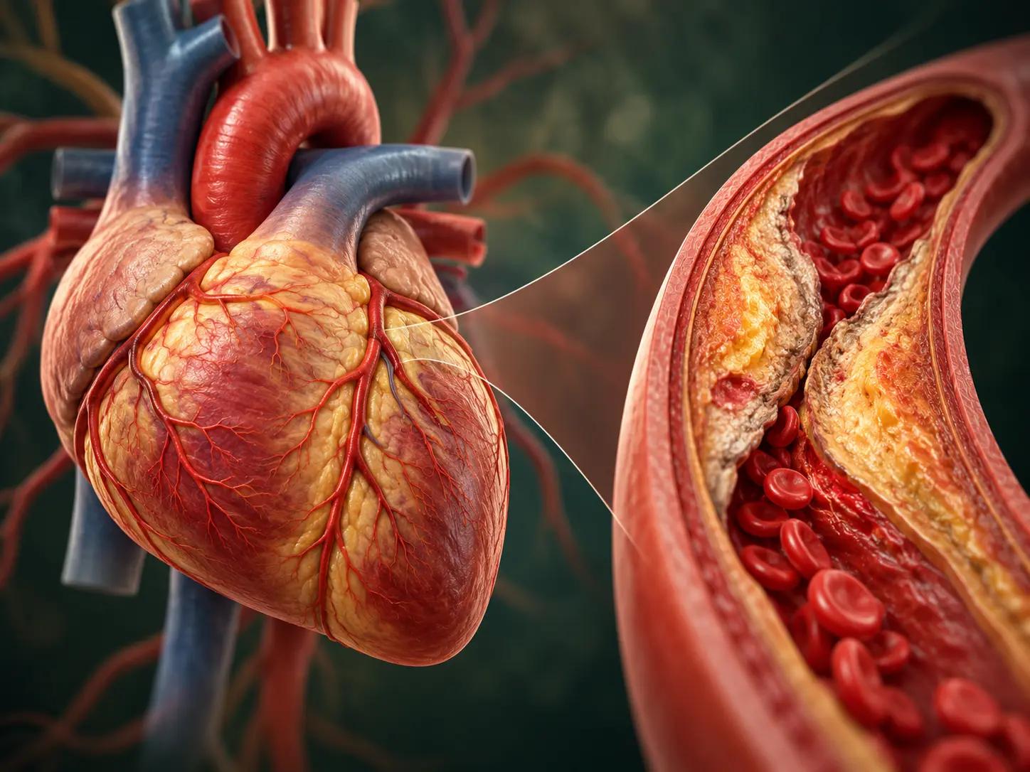 Ilustración médica de un corazón y una arteria con estrechamiento por placa