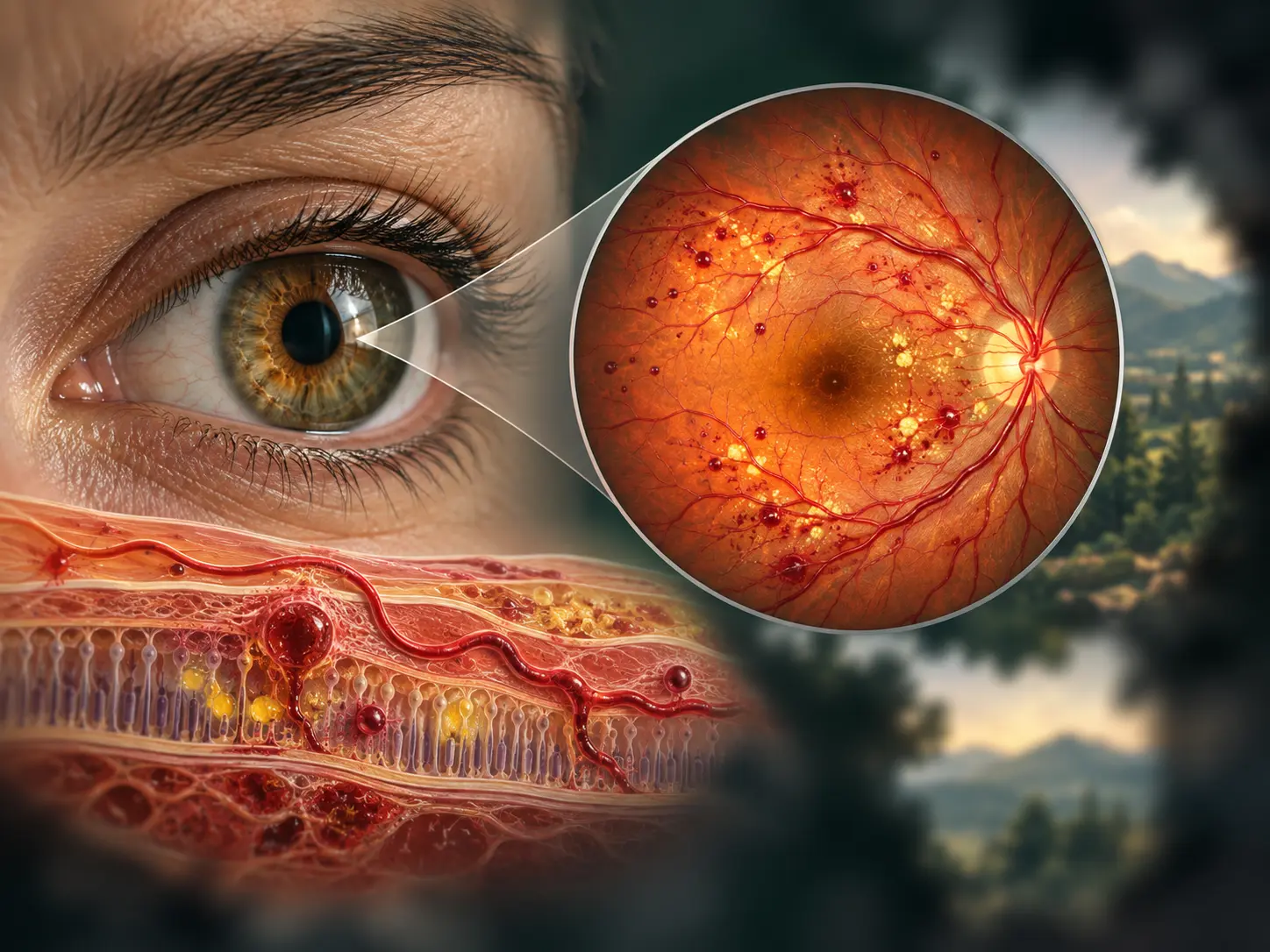 Ilustración médica del ojo y de cambios en los vasos sanguíneos de la retina